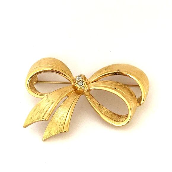 Vintag Avon Gold Bow Brooch Rhinestone Accents - Picture 1 of 6